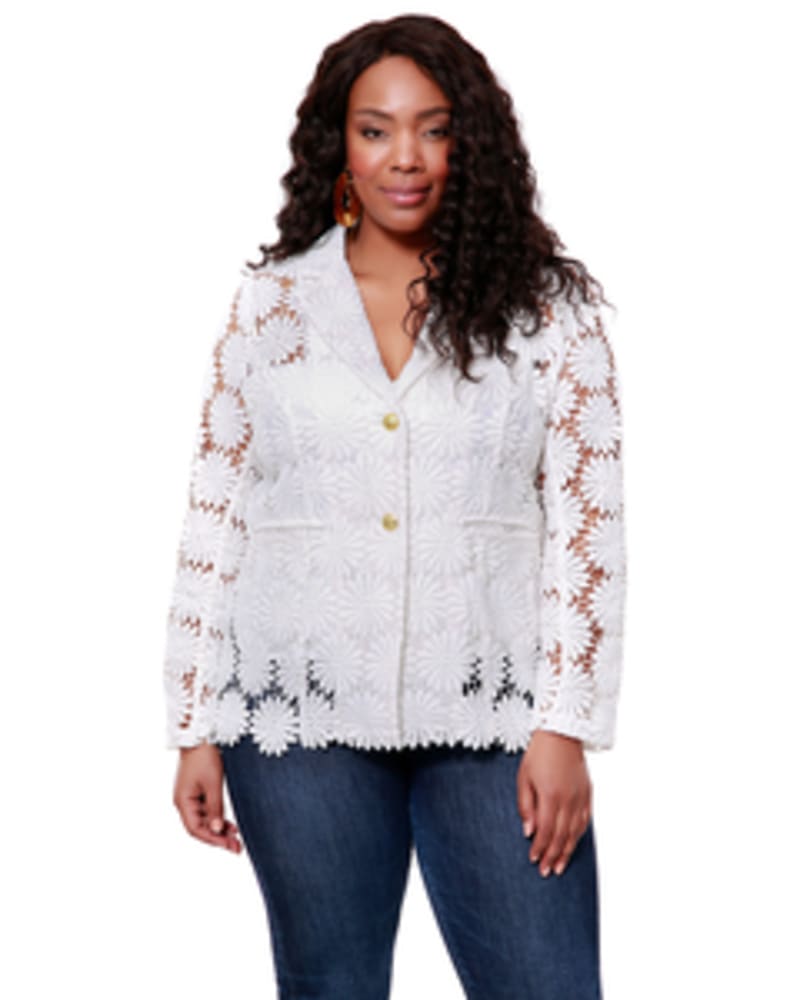 Front of a model wearing a size 1X Floral Crochet Jacket in WHITE by Belldini Black Label. | dia_product_style_image_id:245816